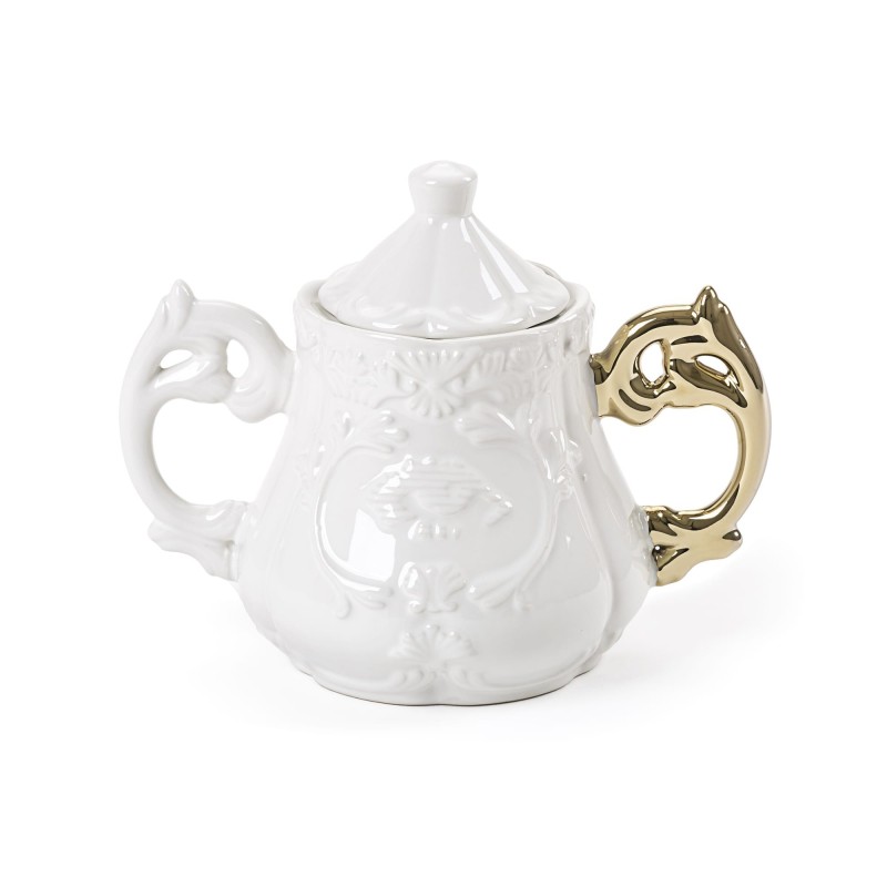 SELETTI i-wares sugar bowl in porcelain with col. handles gold