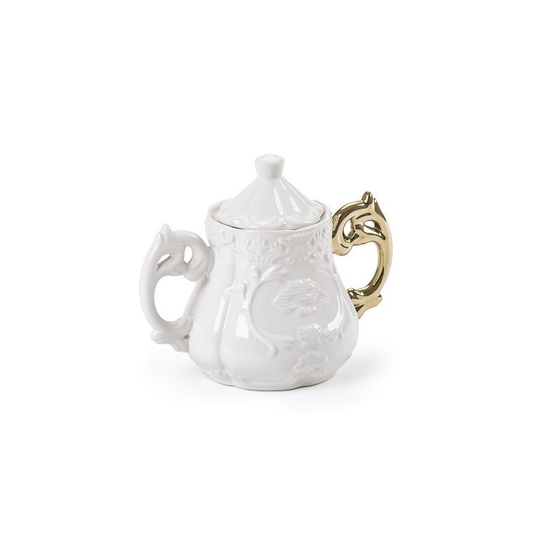 SELETTI i-wares sugar bowl in porcelain with col. handles gold